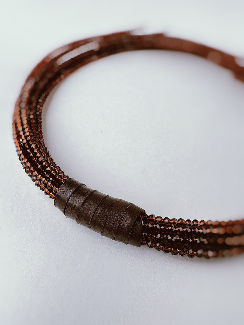 Multi strand choker necklace made of cinnamon tone crystals and genuine leather image 7