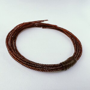 Multi strand choker necklace made of cinnamon tone crystals and genuine leather image 6