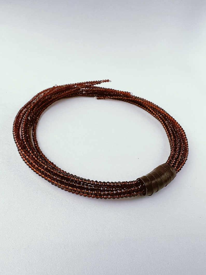Multi strand choker necklace made of cinnamon tone crystals and genuine leather image 6