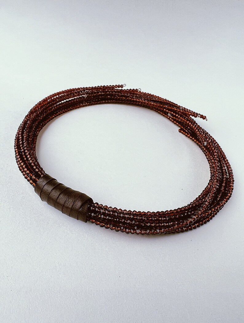 Multi strand choker necklace made of cinnamon tone crystals and genuine leather image 2