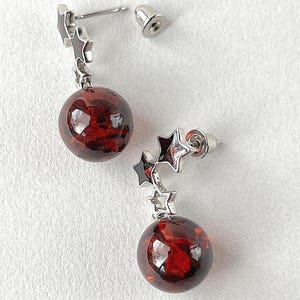 Sterling silver studs earrings with natural Baltic cherry brown Amber, trendy earrings