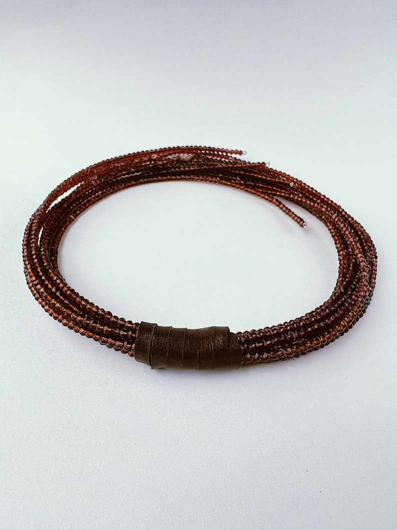 Multi strand choker necklace made of cinnamon tone crystals and genuine leather image 5