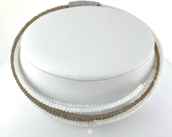 Memory wire collar-style choker, beaded multi strand choker necklace, white and gray-brown tone crystals, genuine leather