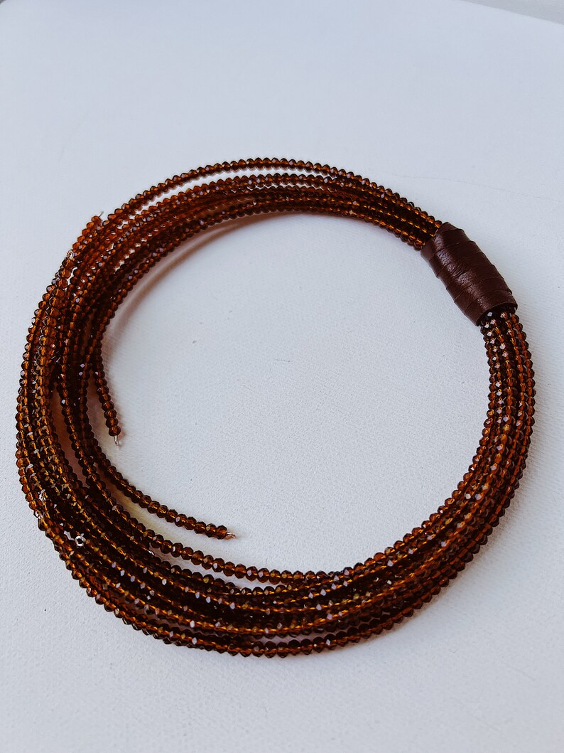 Multi strand choker necklace made of cinnamon tone crystals and genuine leather image 4