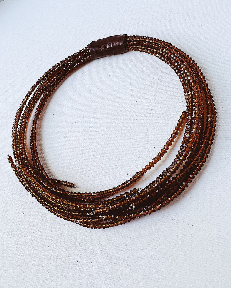 Multi strand choker necklace made of cinnamon tone crystals and genuine leather image 3