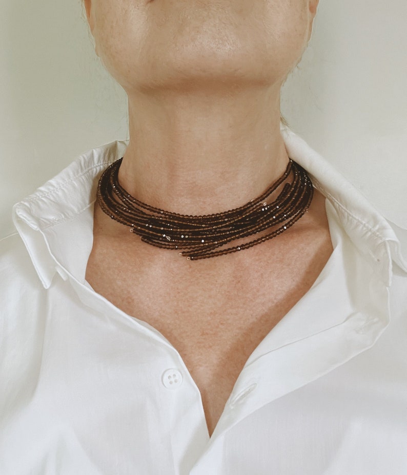 Multi strand choker necklace made of cinnamon tone crystals and genuine leather image 1