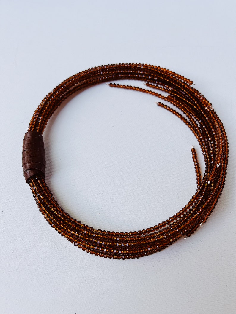 Multi strand choker necklace made of cinnamon tone crystals and genuine leather image 8