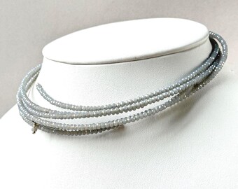Memory wire choker, beaded multi strand choker necklace, light-gray tone crystals and genuine leather