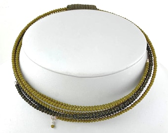 Memory wire choker, beaded multi strand choker necklace, two tones of green crystal beads and genuine leather
