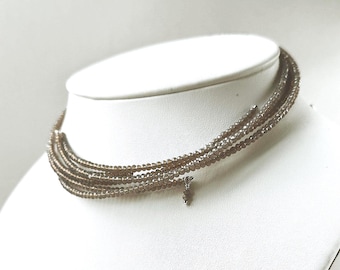 Memory wire choker, beaded multi strand choker necklace, brown-gray tone crystals and genuine leather