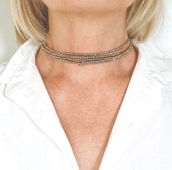 Golden Crystal Choker: Multi Strand Collar, Memory Wire Leather