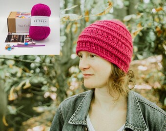 Crochet KIT for the Red Violet Crochet Beanie Hat - handmade from 100% British sheep's wool - available in various colors and sizes