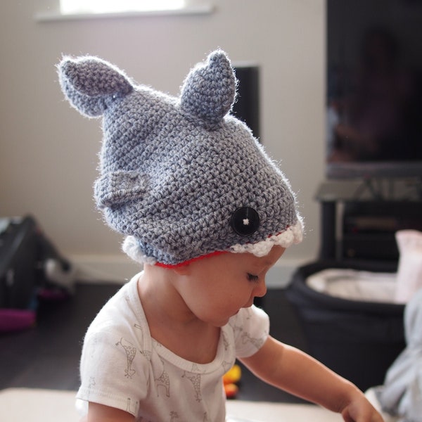 Crochet PATTERN for Shark Hat - crochet hat pattern for baby, toddler, child, teen and adult - for left-handed and right-handed crocheters