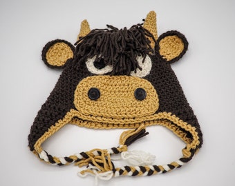 Crochet PATTERN for Highland Cow Hat - crochet hat pattern for baby, toddler, child, teen and adult - for left-handed and right-handed