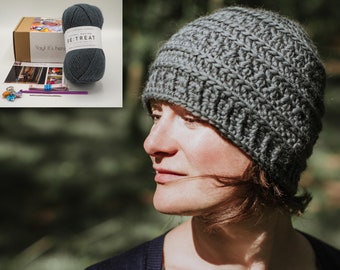 Crochet KIT for the Gray Crochet Beanie Hat - handmade from 100% British sheep's wool - available in various colors and sizes