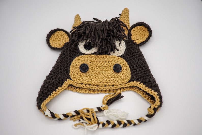 Crochet PATTERN for Highland Cow Hat crochet hat pattern for baby, toddler, child, teen and adult for left-handed and right-handed image 1