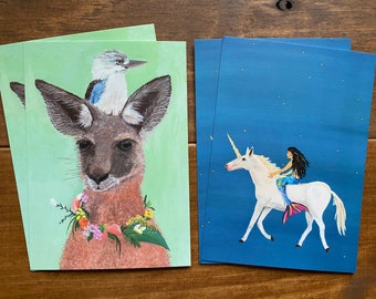 Kangaroos and Unicorns - Set of 4 Postcards