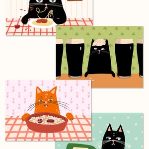May include: A collection of whimsical cat illustrations. One shows a black cat eating spaghetti, another a cat with a hat near pints of stout, and a third with a bowl of food. A fourth cat looks at a spilled bottle.