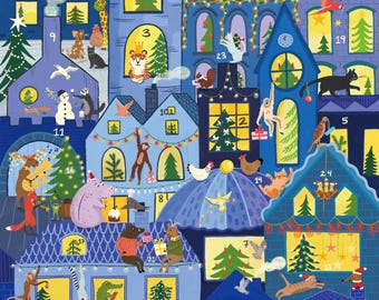 Op de afbeelding: Een grillige illustratie van een nachtscène met blauwe huizen, versierd met kerstverlichting en bomen. Verschillende dieren worden afgebeeld in de ramen en op de daken, waaronder een tijger, aap en varken. De nummers 1-24 zijn zichtbaar.