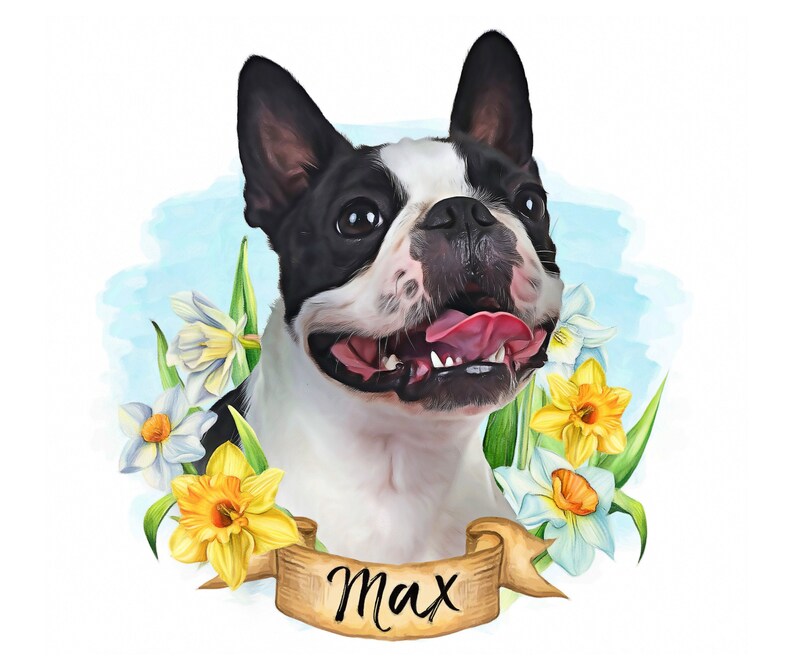 Digital Pet Portrait Custom,Boston Terrier Dog portrait Custom,Dog Memorial Personalized gift,Dog lover Dog Mom Pet Memorial sympathy gift