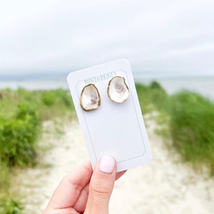 Oyster Shell Earrings, Oyster Shell Gift, Christmas Gift, Gold Trimmed Oyster Shell, Oyster Shell Studs