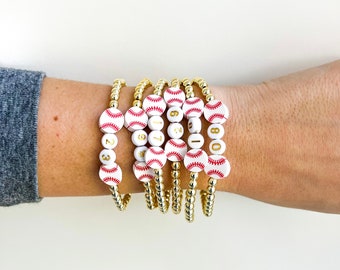 Custom Baseball Mom Bracelet - Personalized Name Bead Stretch Bracelet - Gold Bead Stack - Team Gift for Players & Moms - Mother’s Day Gift
