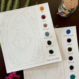 Peut inclure: Deux feuilles de papier aquarelle rectangulaires avec des dessins au trait marron clair de flacons de potion dans des cadres ovales. Chaque feuille présente une colonne verticale d'échantillons de peinture avec des noms comme Miel et Potion de vitalité.