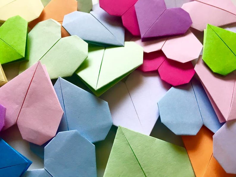 30 multicolored origami hearts Paper hearts, table decor, wall decor, bookmarks. Worthwhile Hearts image 8