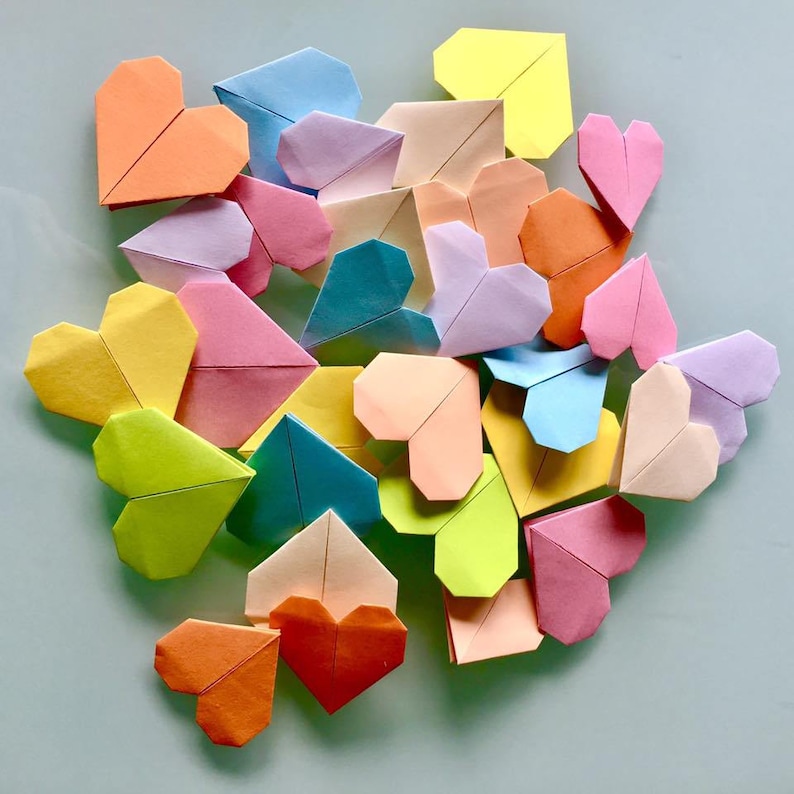 30 multicolored origami hearts Paper hearts, table decor, wall decor, bookmarks. Worthwhile Hearts image 9