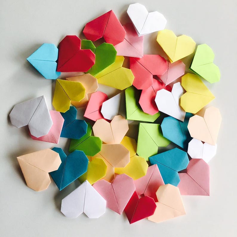 30 multicolored origami hearts Paper hearts, table decor, wall decor, bookmarks. Worthwhile Hearts image 1