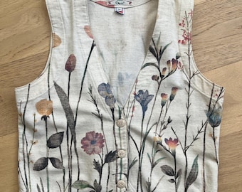 Vintage Orvis Linen Vest with Hand Painted Floral Design tag size Medium Made In USA