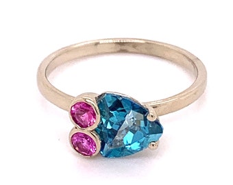 VERY Unique London Blue Topaz and Pink Sapphire Ring (1.46ct & 0.23ct, respectively) on 14k White Gold