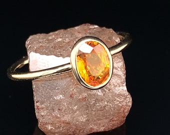 Handmade Light Orange Sapphire Ring, bezel set in 14k Yellow Gold