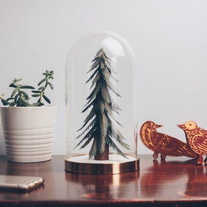Paper Tree Sculpture with Glass Dome Case, Handmade, Original Art