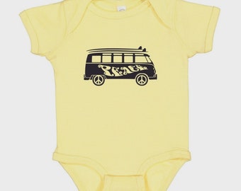 VW Peace Bus Surfer Baby One Piece Bodysuit unisex yellow