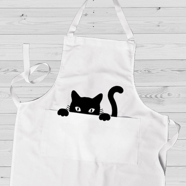 Black Cat apron, Gift for cat lovers, Full kitchen apron, Cooking gift, Long apron with pockets, Peeking cat apron