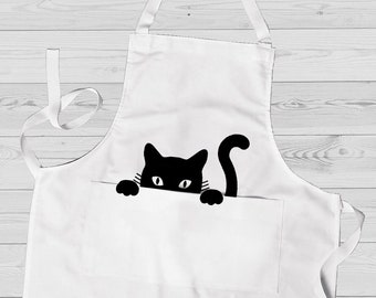 Black Cat apron, Gift for cat lovers, Full kitchen apron, Cooking gift, Long apron with pockets, Peeking cat apron