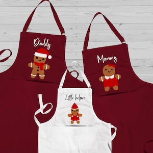 Gingerbread family personalised apron 3 set for Christmas, Custom baking aprons for mom, dad and kids, Matching holiday gifts Burgundy