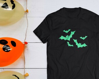 Bat, halloween, glow in the dark, spooky tshirt, Fall, party, light reflecting birds tee shirts, Trick or treat boo lucid, costumes, t shirt