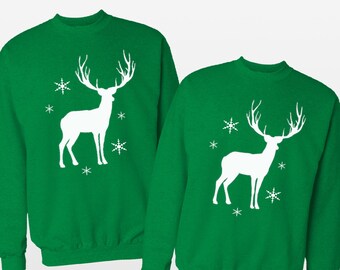 Matching couple reindeer sweaters / Christmas deer sweater / Wife and husband snowflake sweater gift