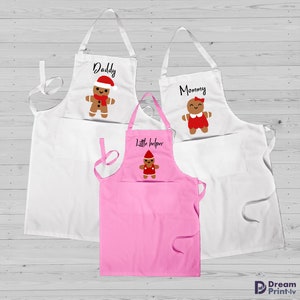 Gingerbread family personalised apron 3 set for Christmas, Custom baking aprons for mom, dad and kids, Matching holiday gifts Pink