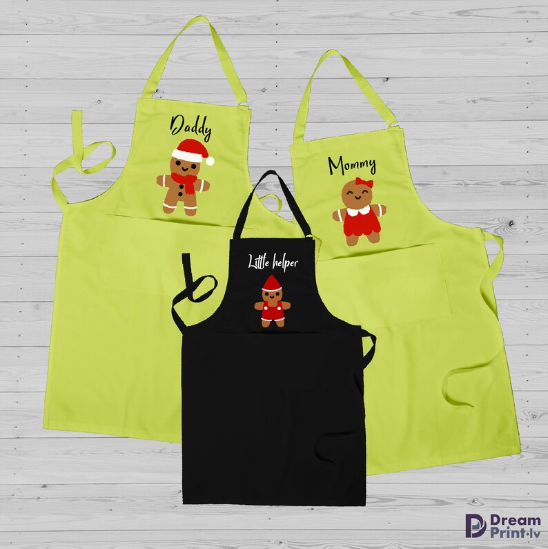 Gingerbread family personalised apron 3 set for Christmas, Custom baking aprons for mom, dad and kids, Matching holiday gifts Chartreuse