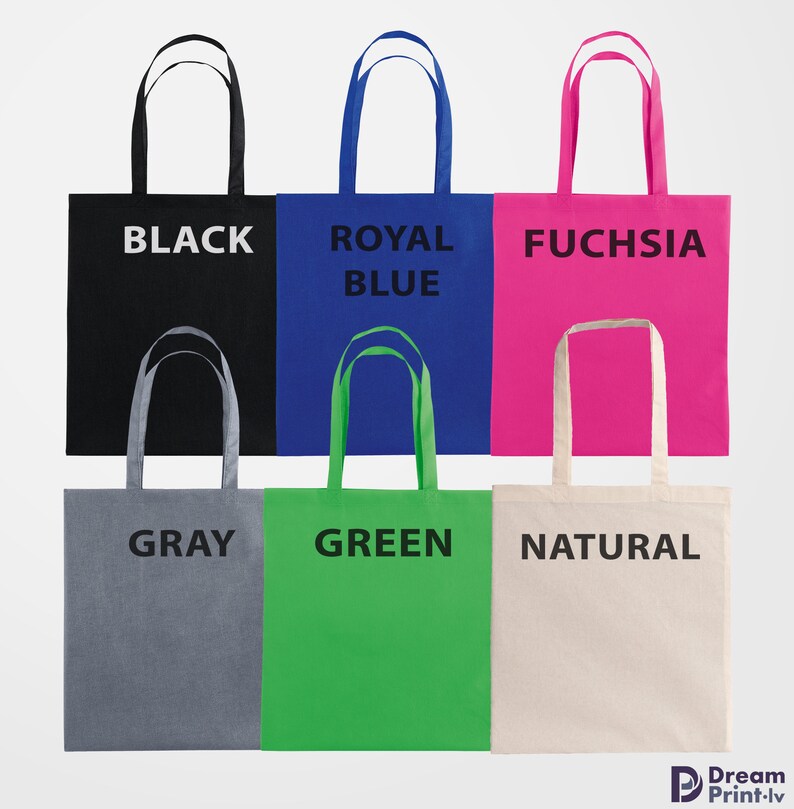 May include: Six tote bags in various colors: black, royal blue, fuchsia, gray, green, and natural. Each bag has a matching handle and the color name printed in black on the front. The bags are made of a sturdy material.
