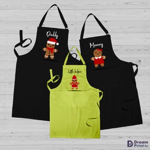 Gingerbread family personalised apron 3 set for Christmas, Custom baking aprons for mom, dad and kids, Matching holiday gifts Black