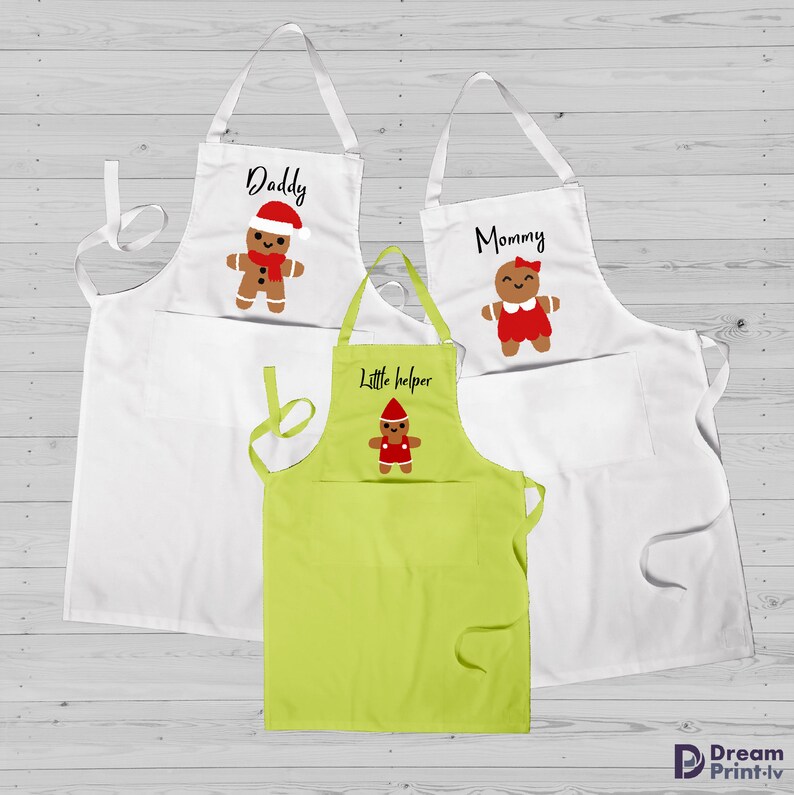 Gingerbread family personalised apron 3 set for Christmas, Custom baking aprons for mom, dad and kids, Matching holiday gifts White