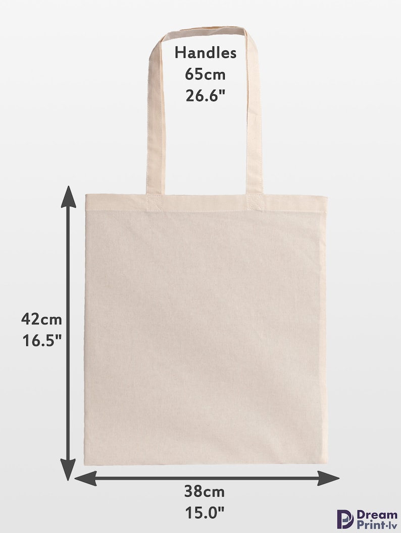 May include: A beige tote bag with dimensions of 15.0" wide, 16.5" tall, and 26.6" handle length. The bag has a rectangular shape and two handles. The text "Handles 26.6"" is visible on the image.