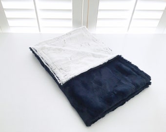 Navy/White Frosted Minky Blanket, ready to ship, minky toddler blanket, stroller blanket, baby blanket