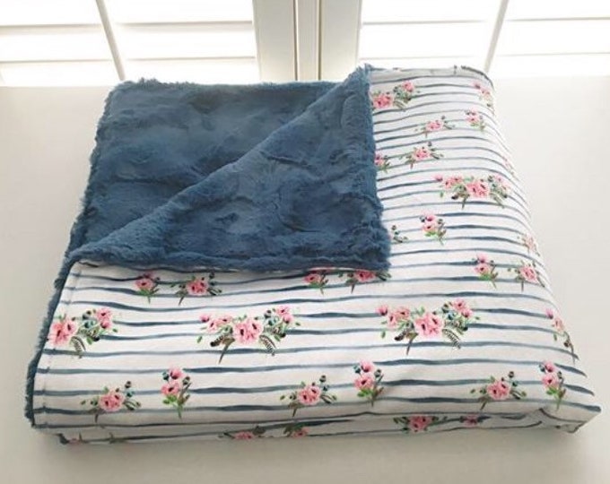 Floral on Navy Stripes Weighted Blanket