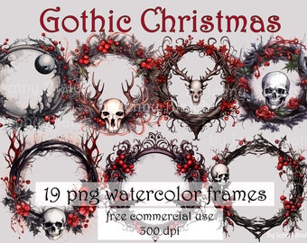 Ghirlande natalizie gotiche: cornici ad acquerello stampabili, sovrapposizione Photoshop (PNG trasparente), etichetta regalo, decorazione per piante