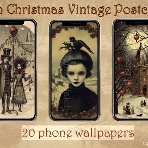 Vintage Goth Weihnachten Handy Wallpapers, Weihnachten iPhone Sperrbildschirm, Bildschirmschoner, Winter Smartphone Wallpaper Set, niedliche Spooky Phone Background